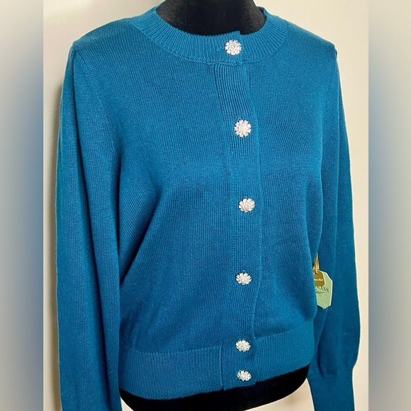 NWT Rye grass Cashmere blend button up cardigan. Rhinestone buttons Teal large - Picture 1 of 7